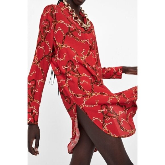 Zara Basic Red Chain Print Long Sleeve Tunic Dress S - Picture 2 of 11